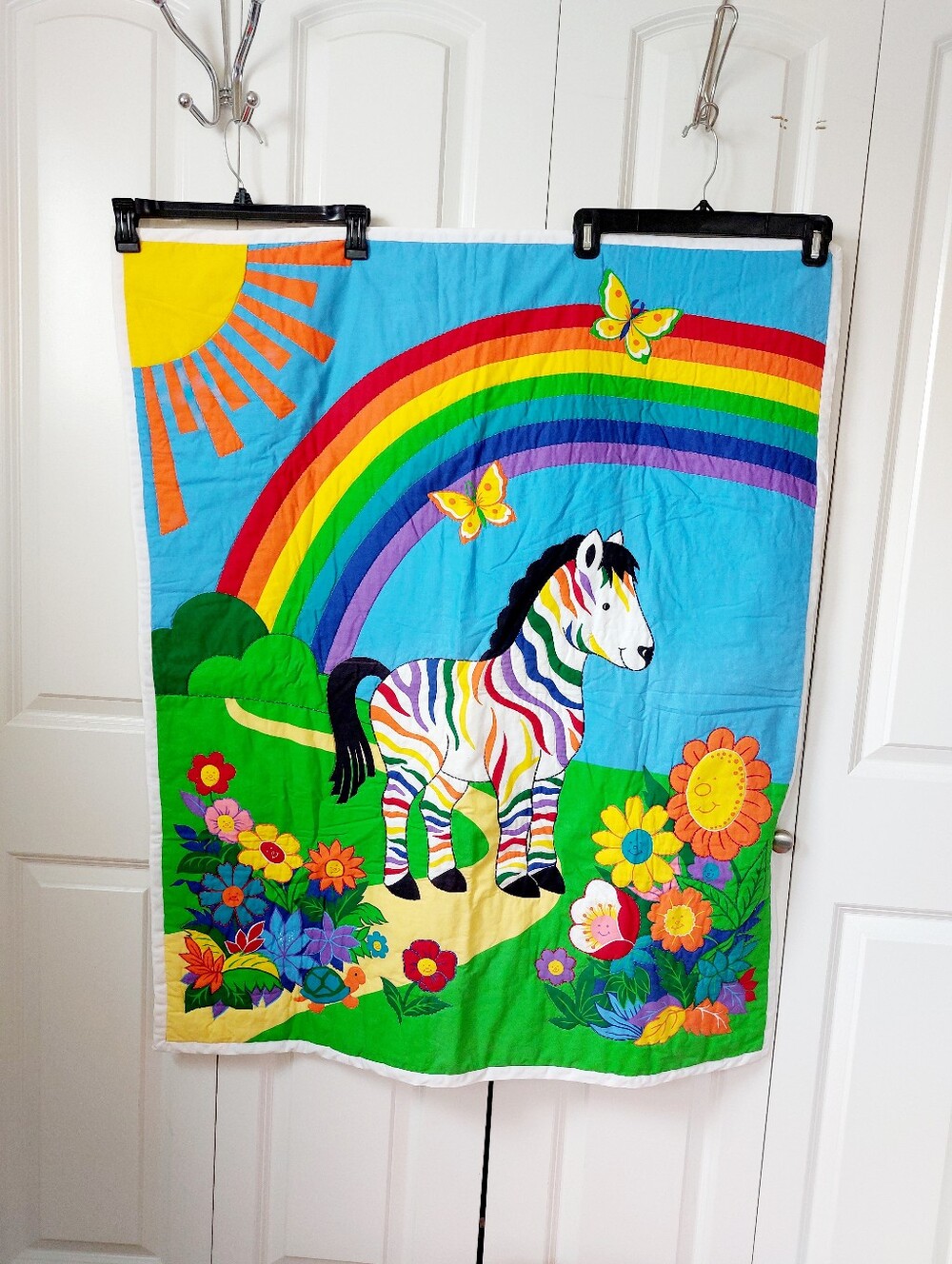 90s Rainbow Zebra Baby Quilt Wallhang Cranston Print Works Excentric Psychedelic